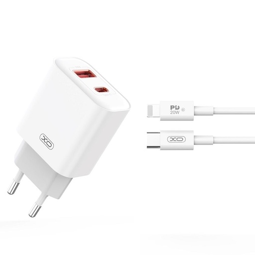 XO CE12 PD 20W brzi punjač (Bijela) – PD 20W + USB-A 18W, USB-C + USB-A priključak, Lightning s kabelom