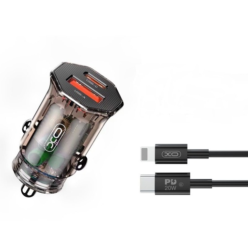 XO CC50 auto brzi punjač, PD & QC priključak + lightning kabel, proziran/smeđa