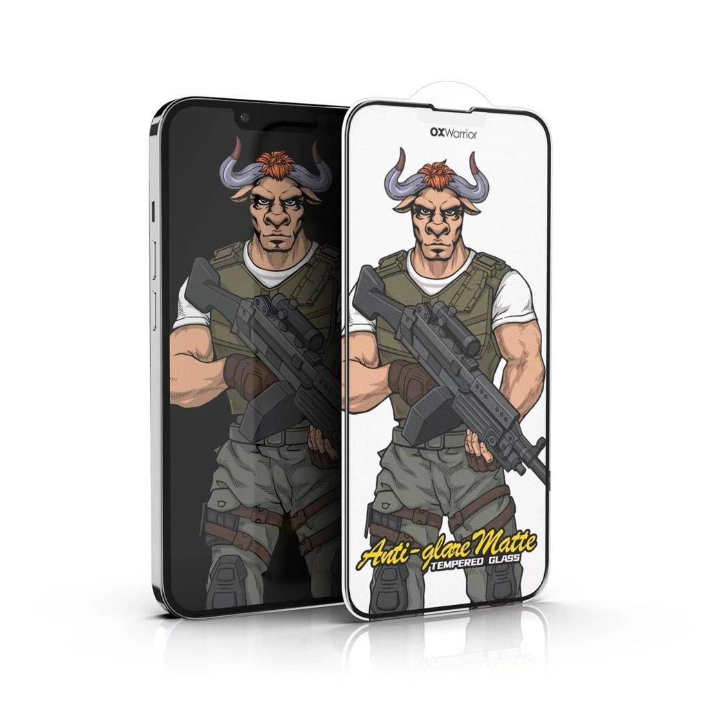 [112320110340] Apple iPhone 15 Pro Max OX Warrior Mr. Soldier ujjlenyomat mentes matte tempered glass clear (black frame)
