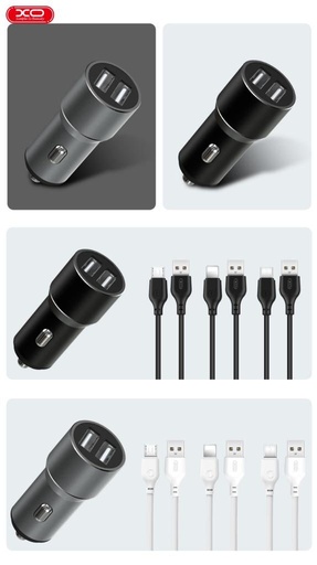 XO TZ09 auto punjač (Crna) – 2×USB, Lightning kabel, aluminij kućište, 12W