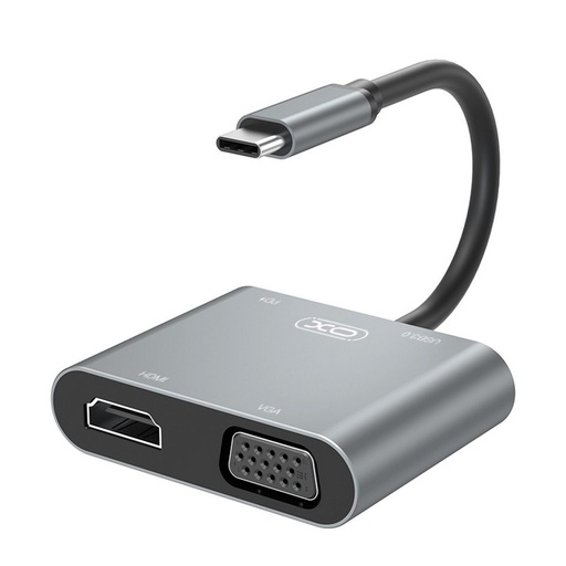 XO HUB001 4 az 1-ben Type-C adapter (Srebrna) – HDMI, VGA, USB 3.0, PD punjenje