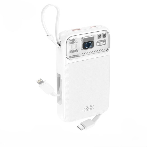 XO PR243 power bank 10000 mAh (Bijela) – brzo punjenje 22.5W, digitalni zaslon, USB-C i Lightning kabel