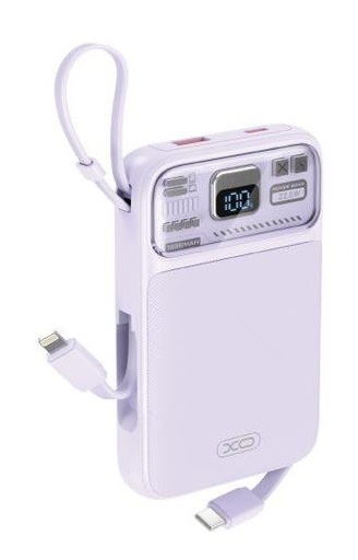 XO PR243 power bank 10000 mAh (Ljubičasta) – brzo punjenje 22.5W, digitalni zaslon, USB-C i Lightning kabel
