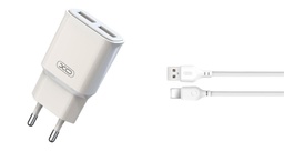 XO L92C 2.4A punjač (Bijela) – dvostruki USB priključak, Lightning s kabelom
