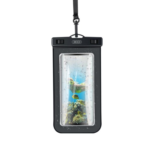 XO KT01 PVC vodootporan futrola za telefon preklopni ablakkal i s trakom oko vrata (Crna)