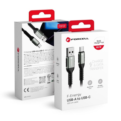 Forcell F-ENERGY C256 USB-A / USB-C kabel QC4.0 3A 66W Cafule (Crna) - 3m