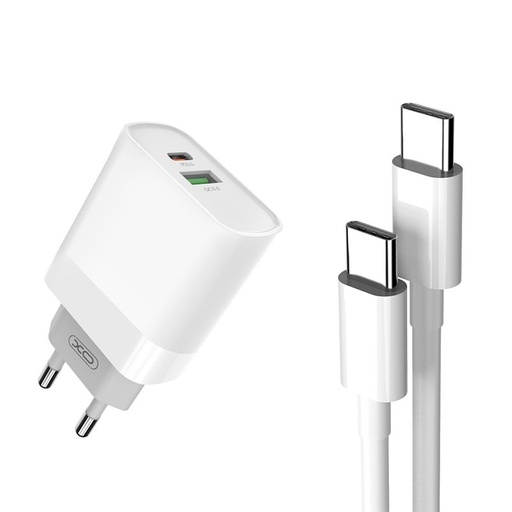 XO L64 PD 20W brzi punjač (Bijela) – PD 20W + QC 3.0, USB-A + USB-C priključak, Type-C s kabelom