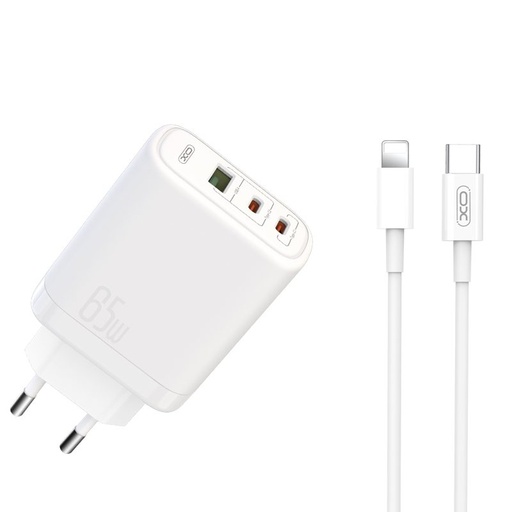 XO CE04 brzi punjač max. 65W (Bijela) – USB-C PD + USB-A QC, micro USB s kabelom