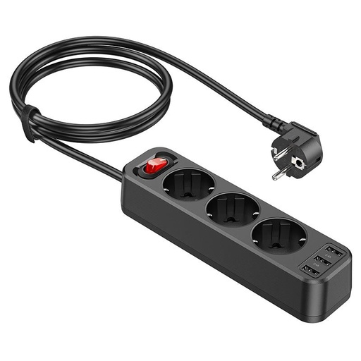 Hoco NS2 velik snage produžni kabel utičnica, 3 utičnica + 3 * USB 5V / 2.4A izlaz crna
